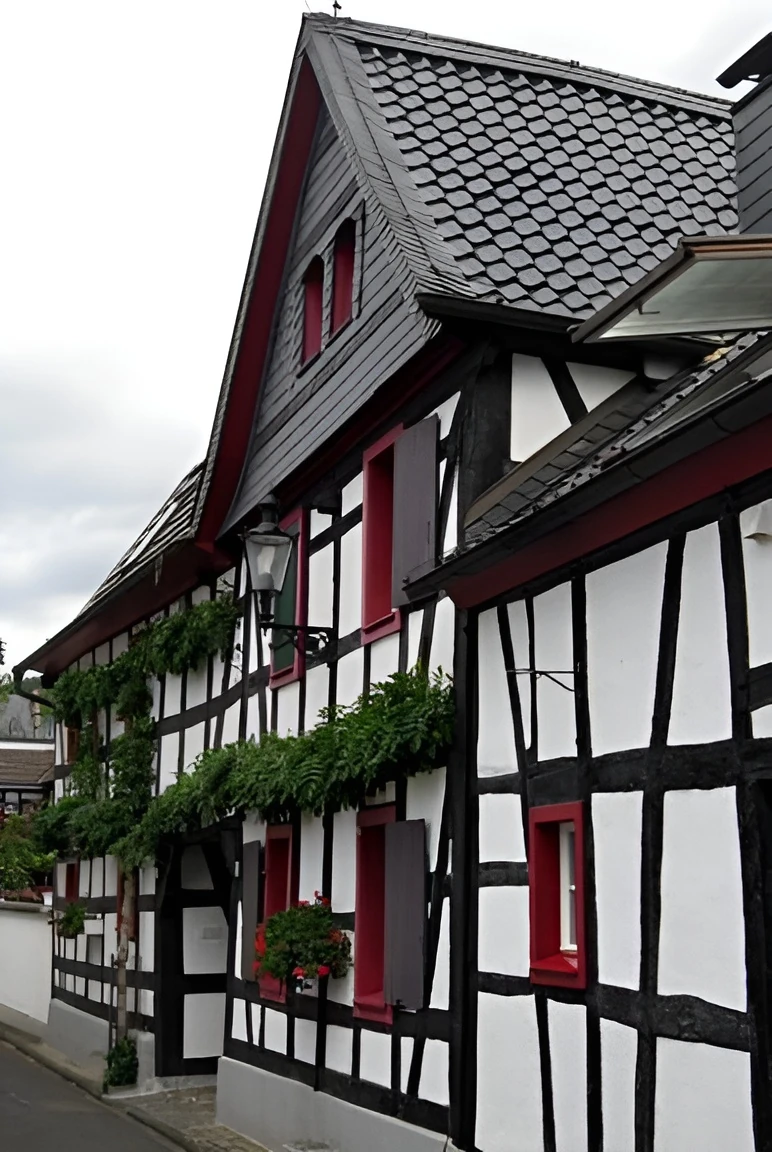Fachwerkhaus mit roten Fensterrahmen und Blumenkästen an einer Gasse in Bad Honnef